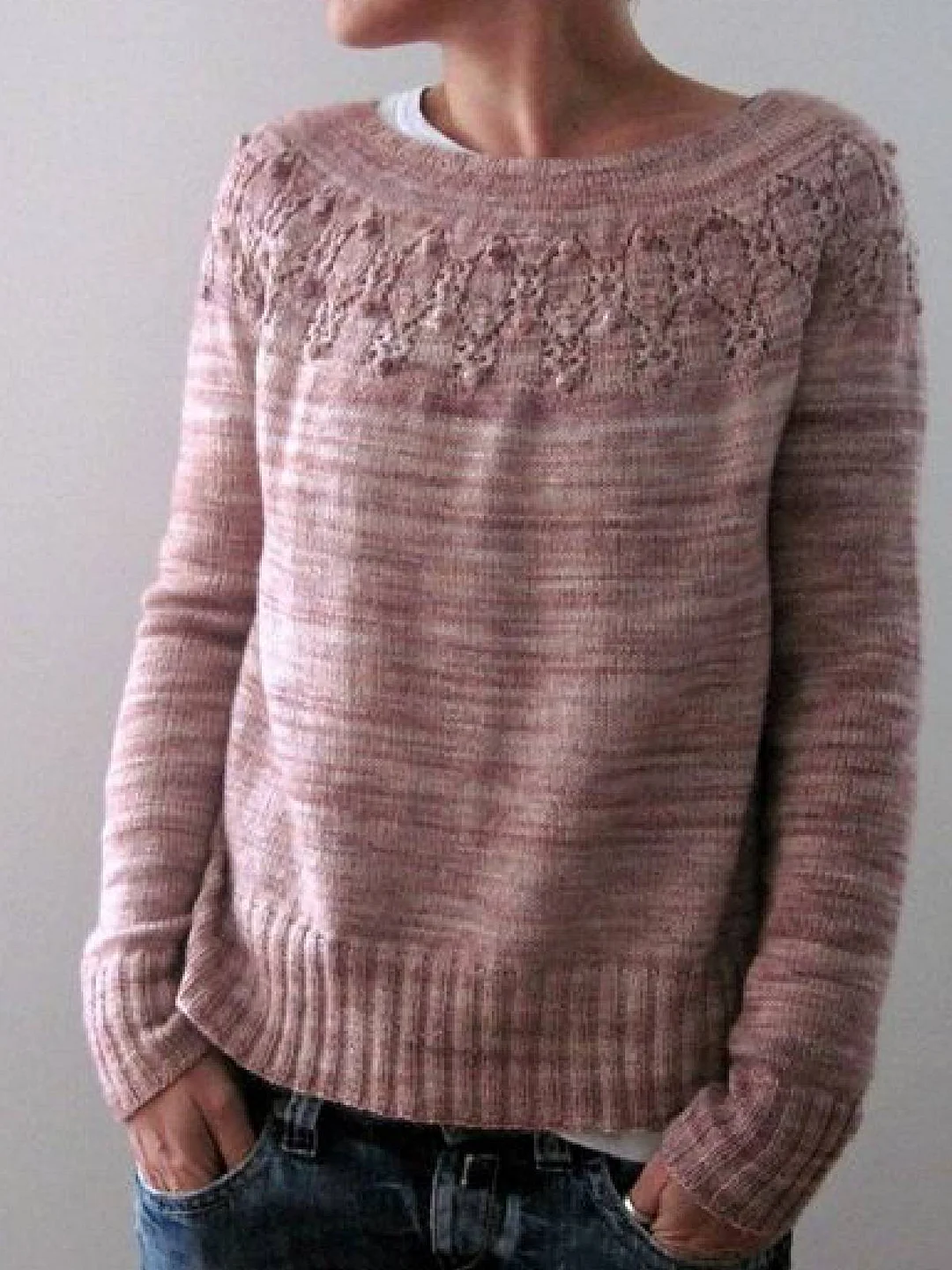 Red Long Sleeve Cotton-Blend Round Neck Sweater