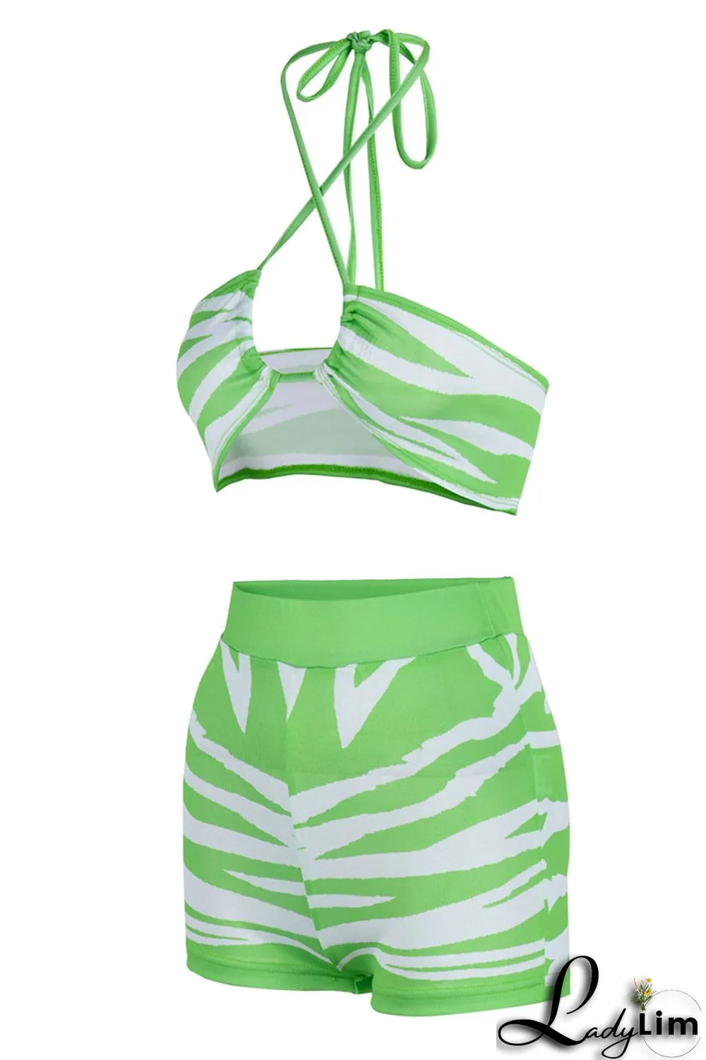 Green Sexy Print Bandage Patchwork Backless Halter Sleeveless Two Pieces
