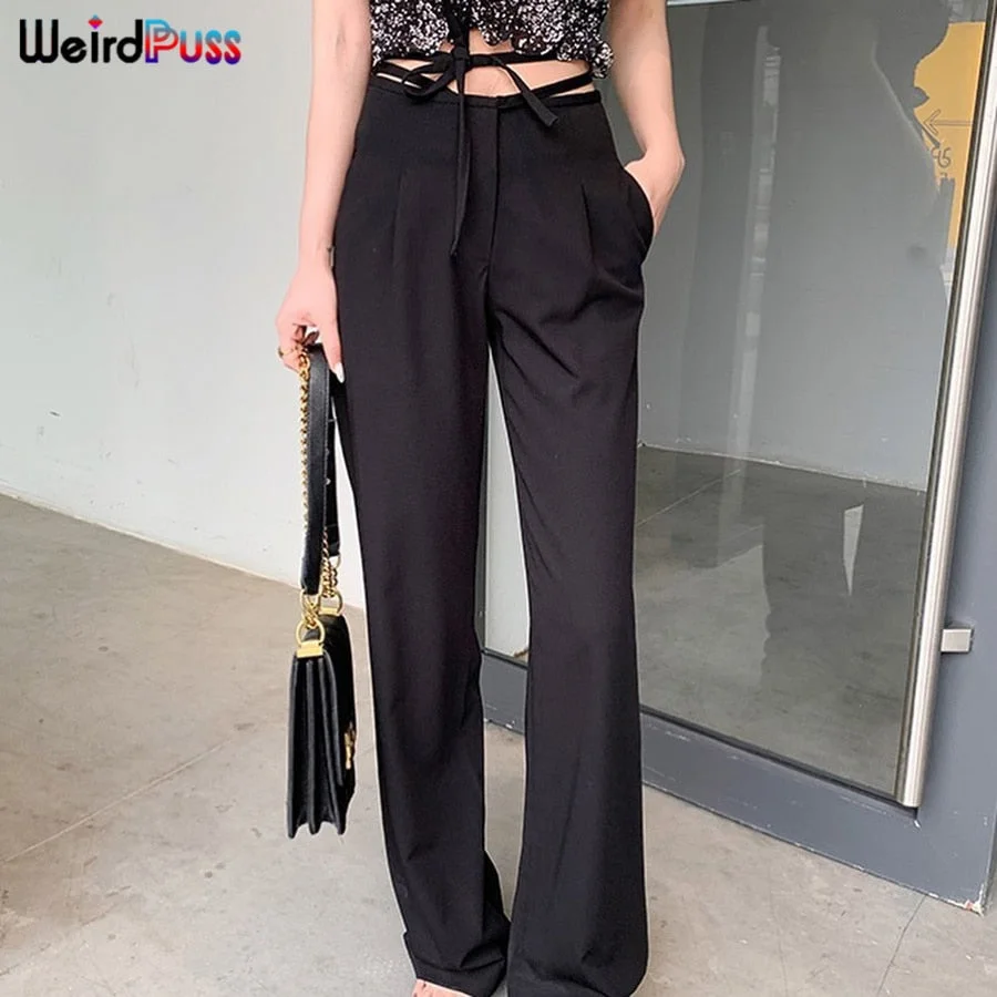 Weird Puss Cyber Y2K High Waist Bandage Women Pants Baggy Elegance Harajuku Straight Trousers 2021 Fashion Streetwear Outfits