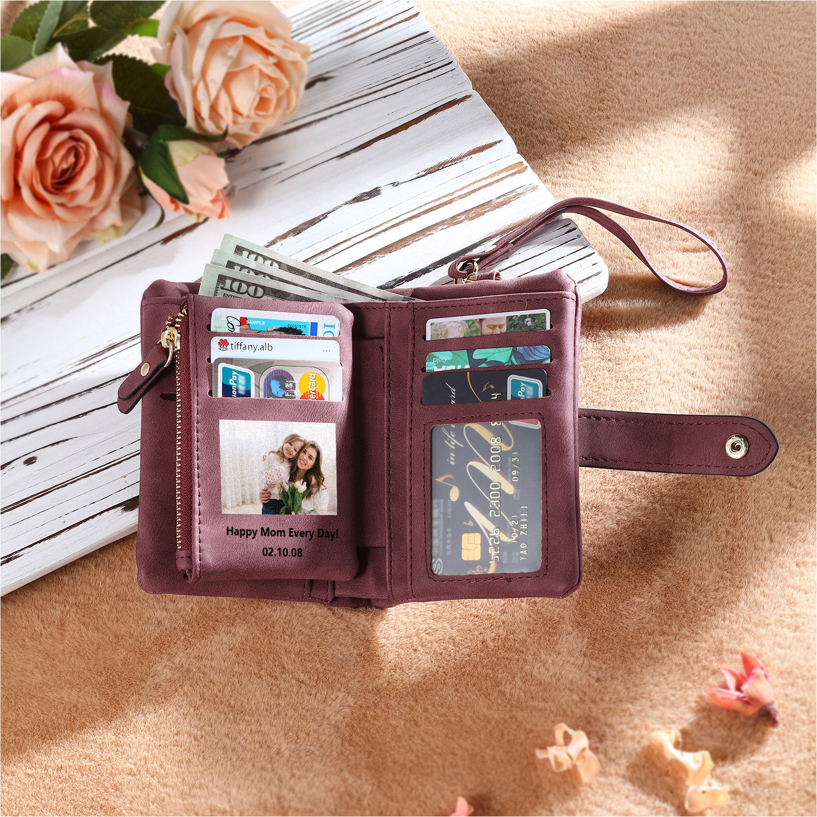 Portafoglio in PU pelle girasole con 1 letetra & 1 testo & 1 nome & 1 foto personalizzati per mamma/nonna