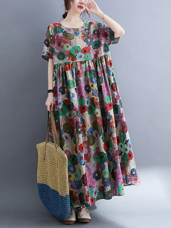 Vintage Loose Multi-Colored Floral Printed Midi Dress