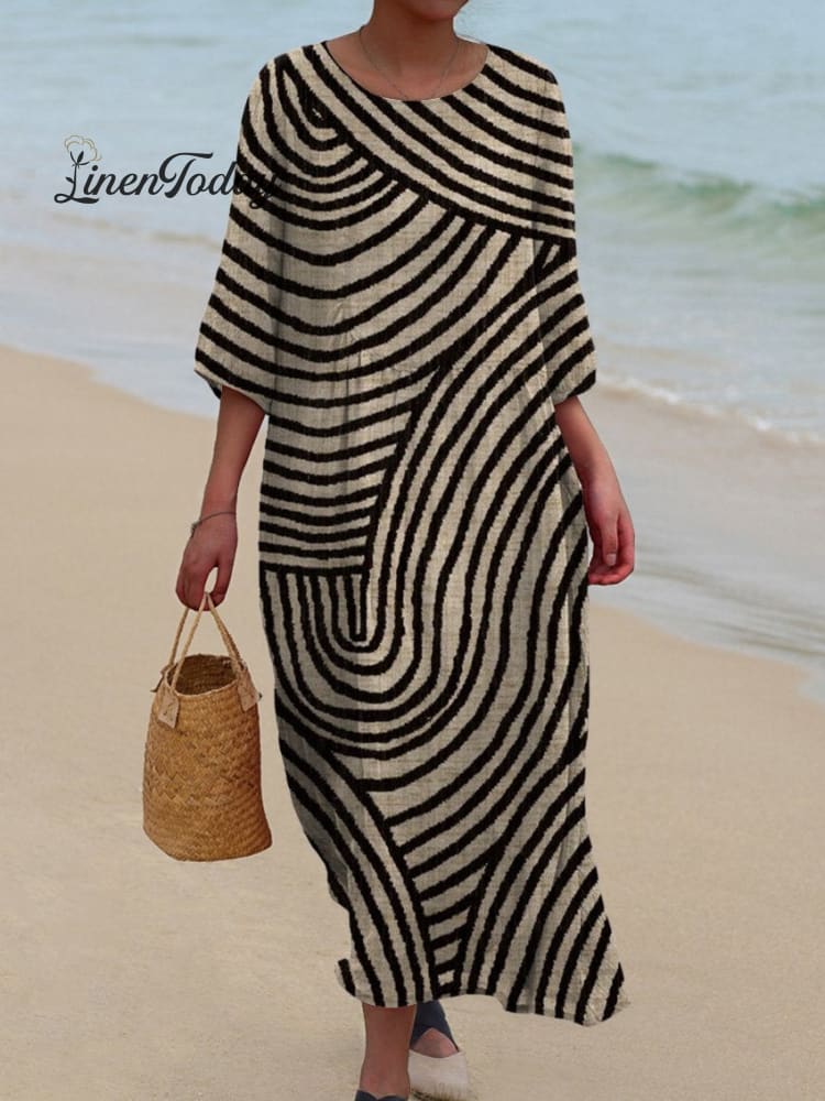 Women’s Retro Hand Drawn Geometric Line Print Pocket Cotton Dress Multicolor / S