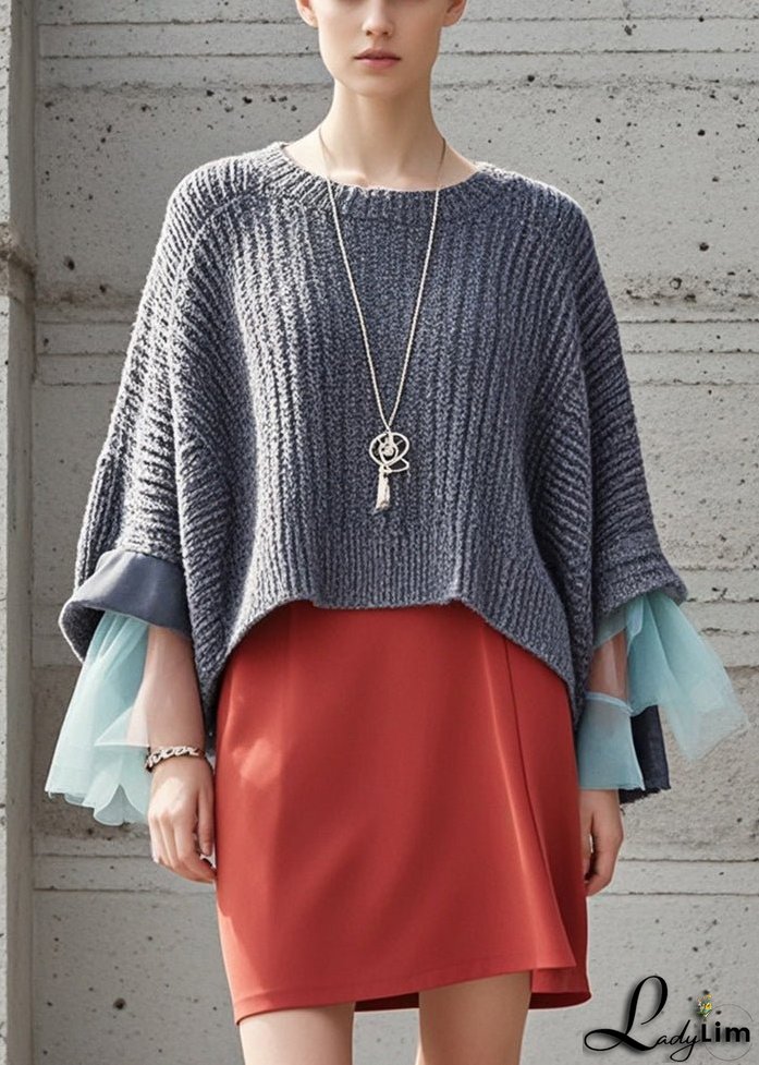 Beautiful Grey Oversized Patchwork Knit Pullover Fall
