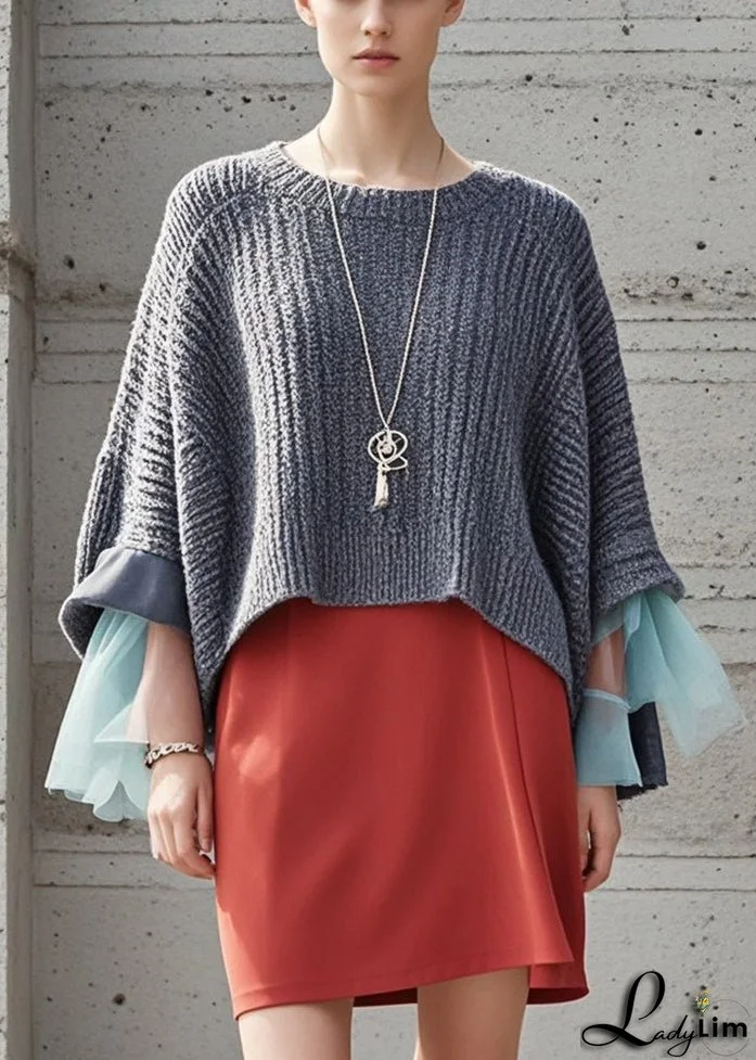 Beautiful Grey Oversized Patchwork Knit Pullover Fall