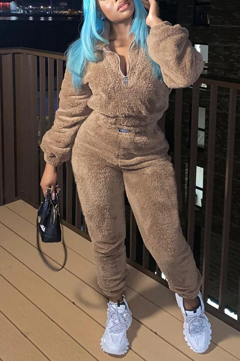 Casual Solid Patchwork Zipper Collar Long Sleeve Two Pieces