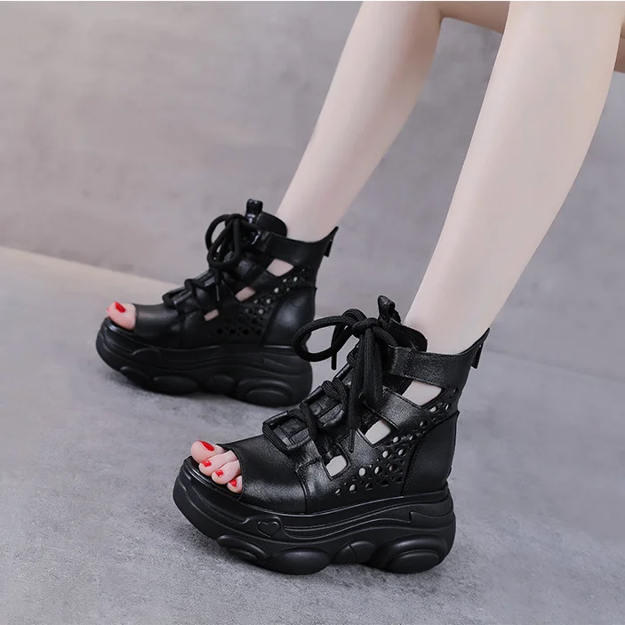 Retro Hollow Out Fish Mouth Thick Bottom Sandals