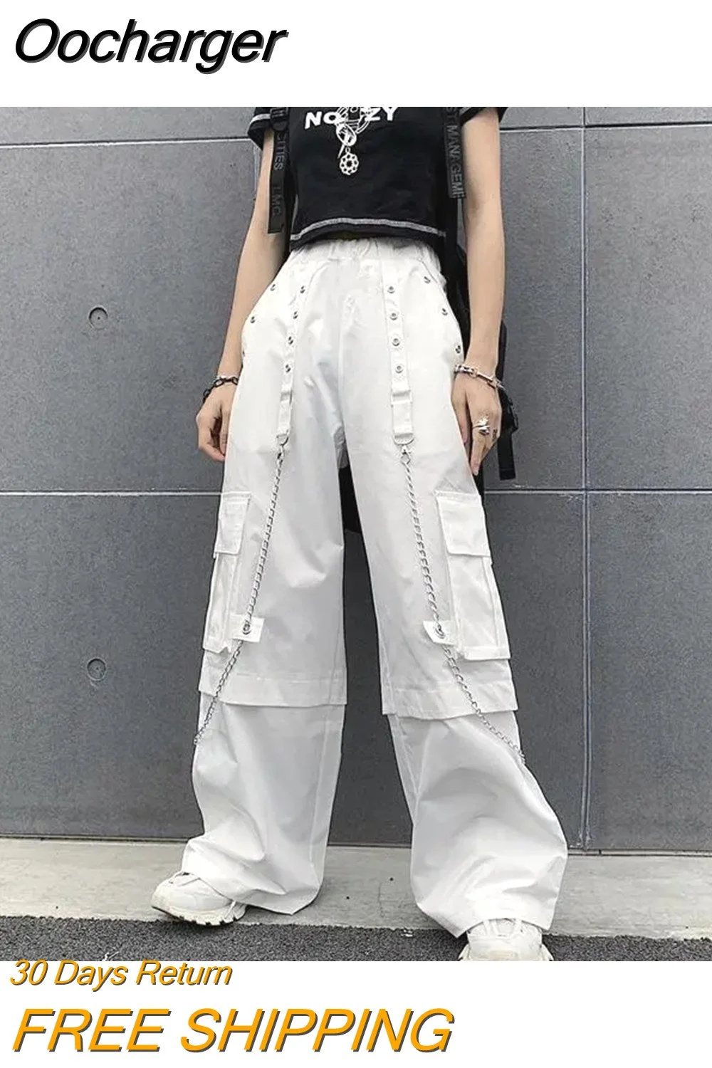 Oocharger Goth trouser chain white overalls Korean version of INS hip-hop high waist loose slim straight wide leg mopping trouser