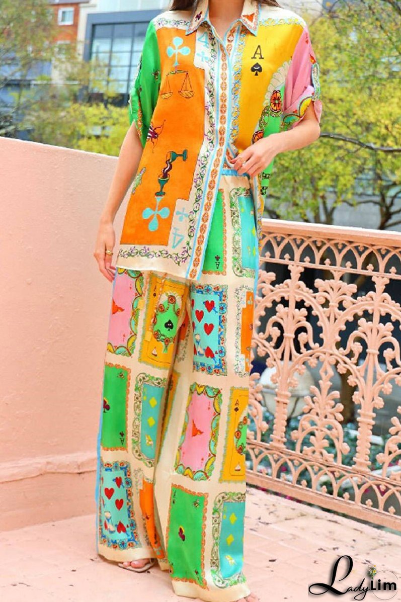 Casual Street Digital Letter Print Contrast Turndown Collar Short Sleeve Two Pieces