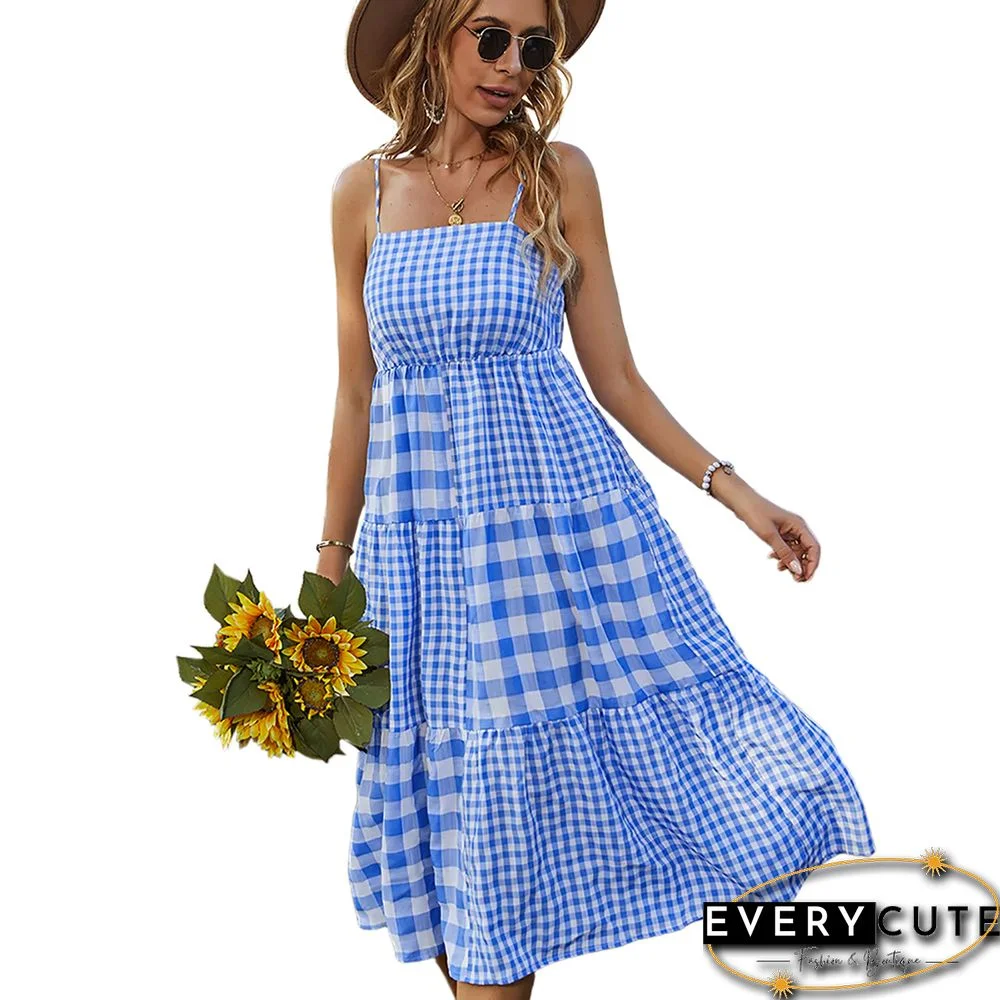 Light Blue Plaid Print Spaghetti Straps Swing Dress