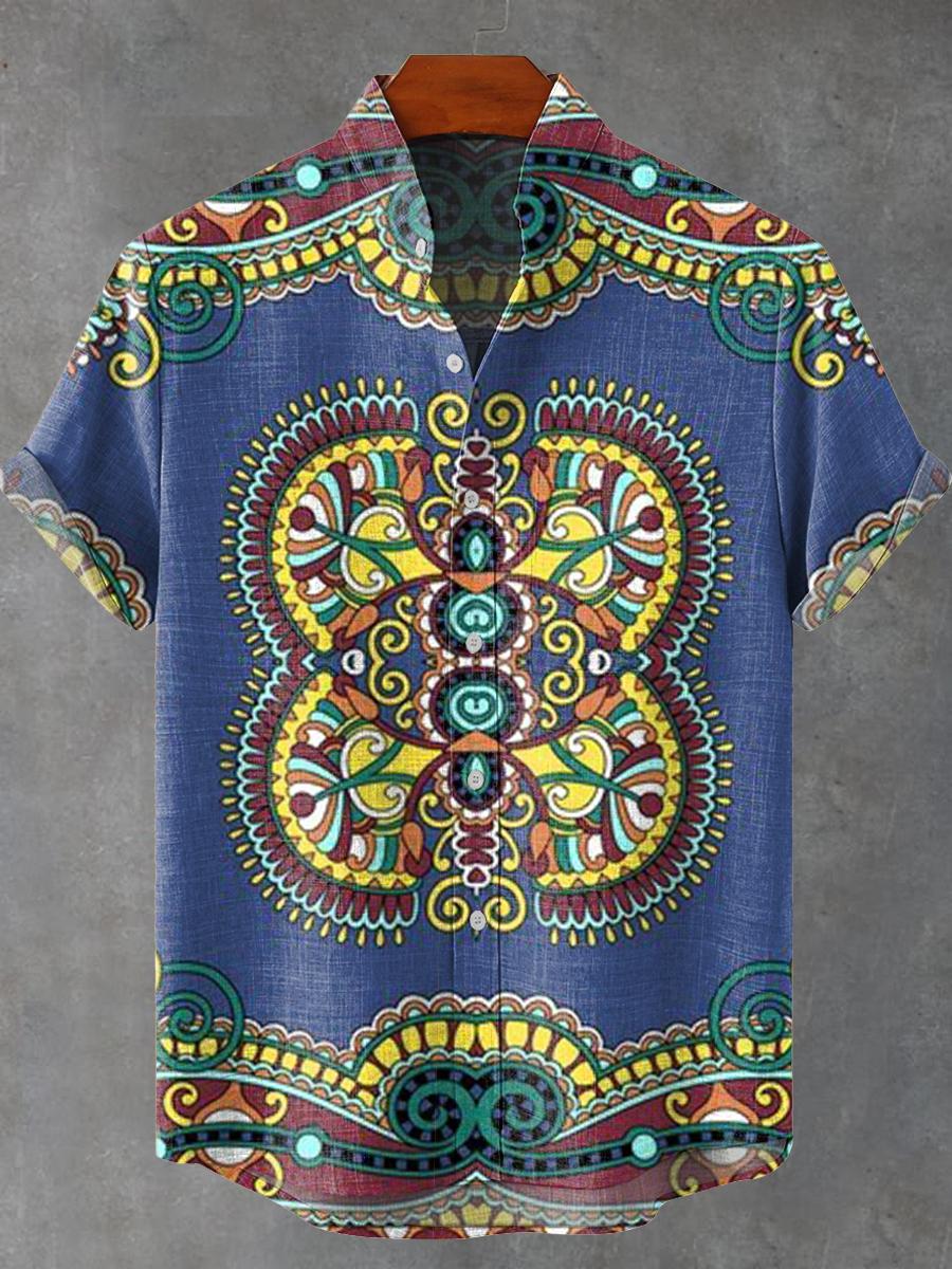 Vintage Abstract Ethnic Paisley Floral Art Print Casual 100% Cotton Shirt