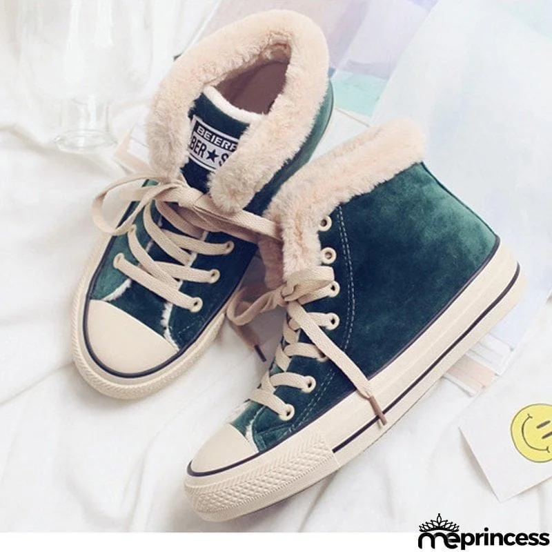 Womens Canvas Snow Sneakers Fur Lined Shoes