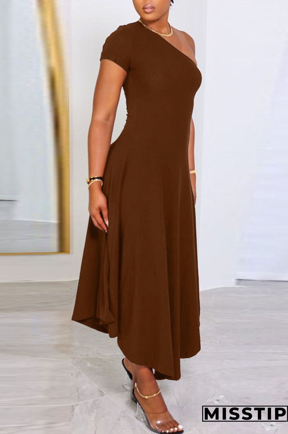 Khaki Casual Solid Patchwork Oblique Collar A Line Dresses