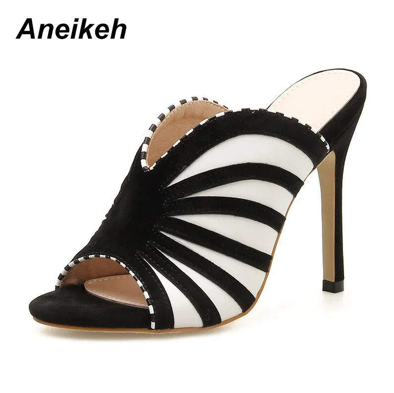 Aneikeh Zebra Stripe Peep Toe High Heel Dress Slippers Summer Fashion Slip On Thin Heels Slides Women Mules Black Size 35-40