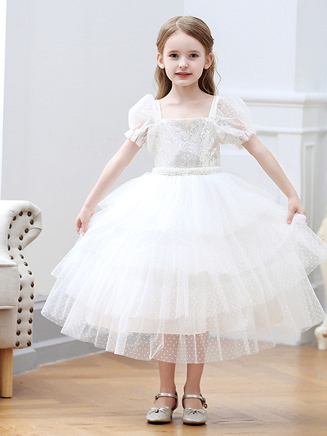 Oknass Short Sleeve Square Neck Ball Gown  Flower Girl Dress Tulle With Cascading Ruffles