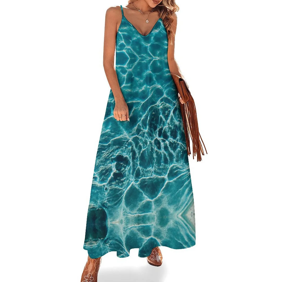 Style & Comfort for Mature Women Plus Size Printed Sling Casual Women Maxi Dress in Pattern Blue, Abstract, Wave