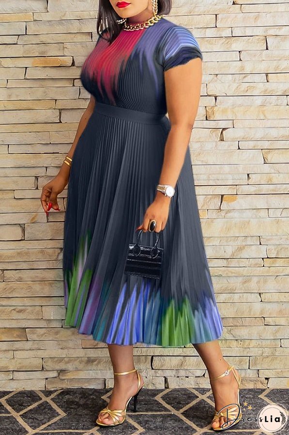 Pleated Print Short Sleeve Midi Dresses