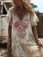 Women's Vintage Pink Floral Short-sleeved V-neck Long Dress