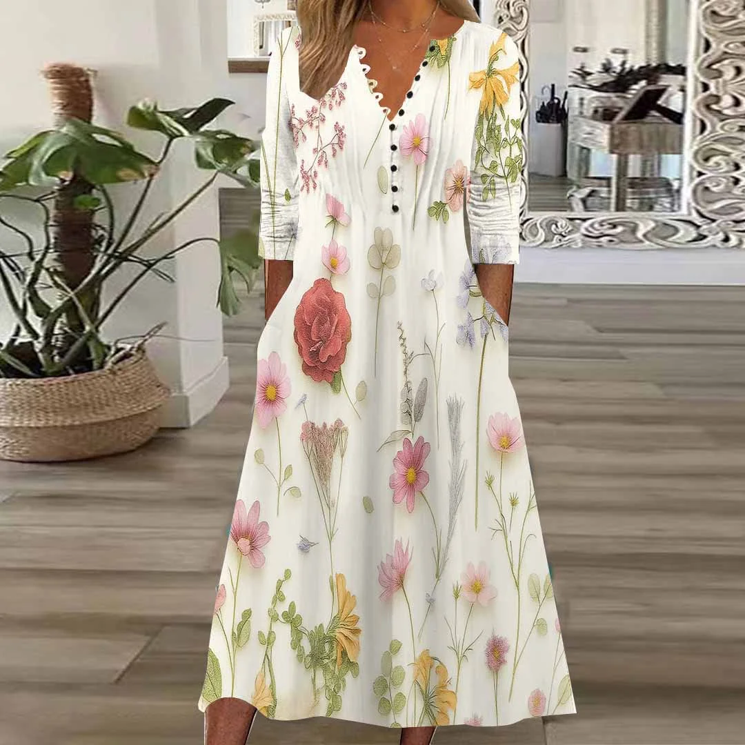 Women Floral,Apricot DZHB8364 Long Sleeve V-Neck Graphic Printed Midi Dress