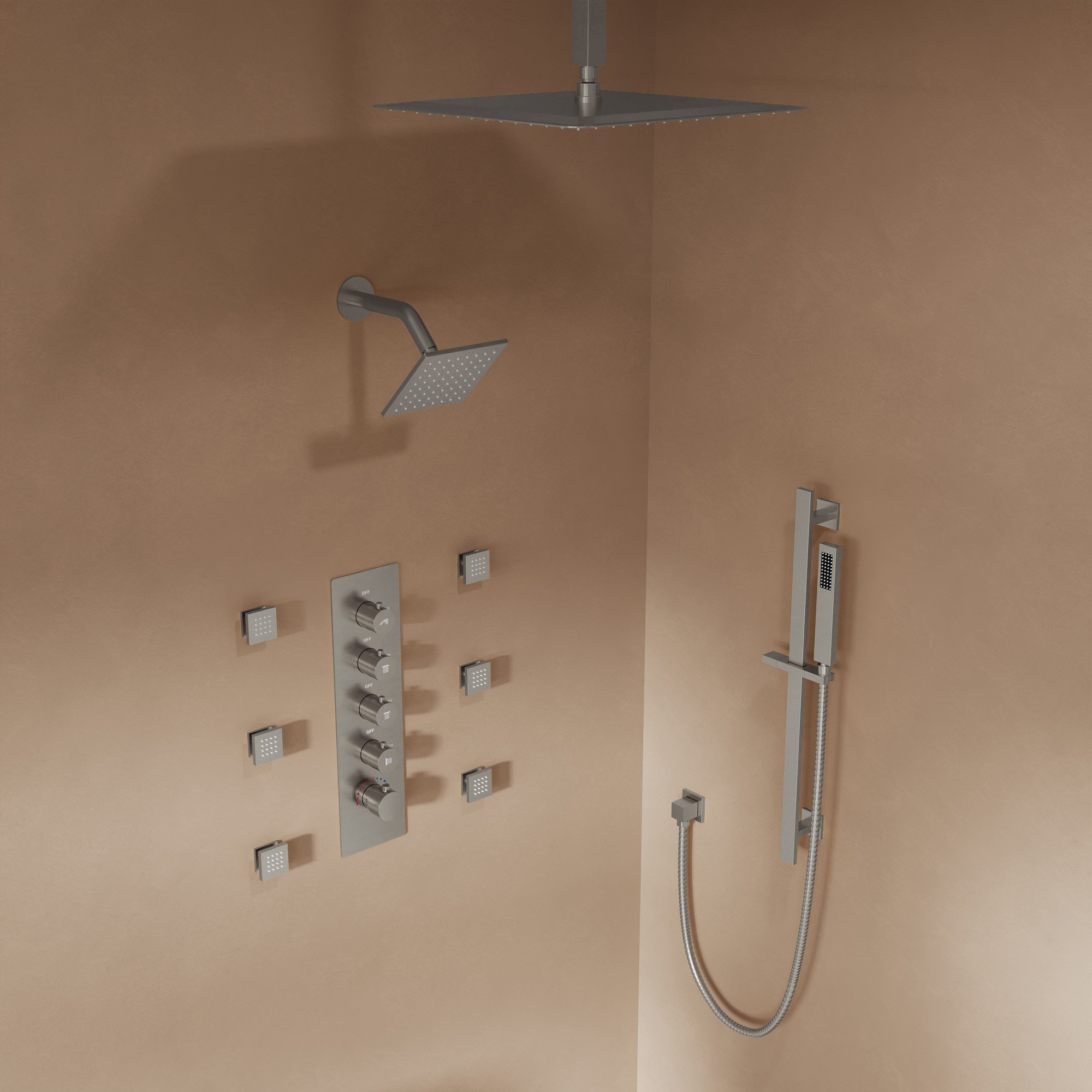 SerenityFlow Dual 15-Spray Ceiling Mount 16 and 6 in. Fixed and Handheld Shower Head 2.5 GPM in Brushed Nickel Valve Included