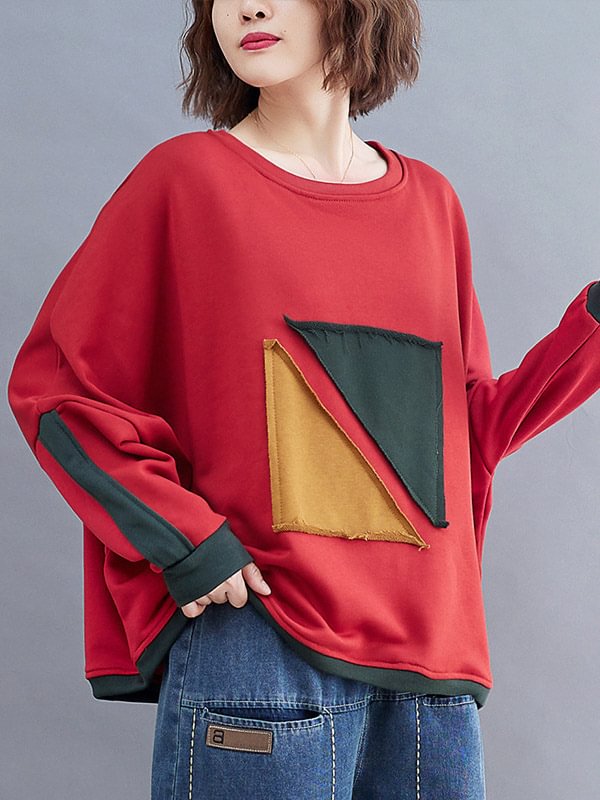 Artistic Retro Loose Triangle Applique Contrast Color Round-Neck Long Raglan Sleeves Sweatshirt