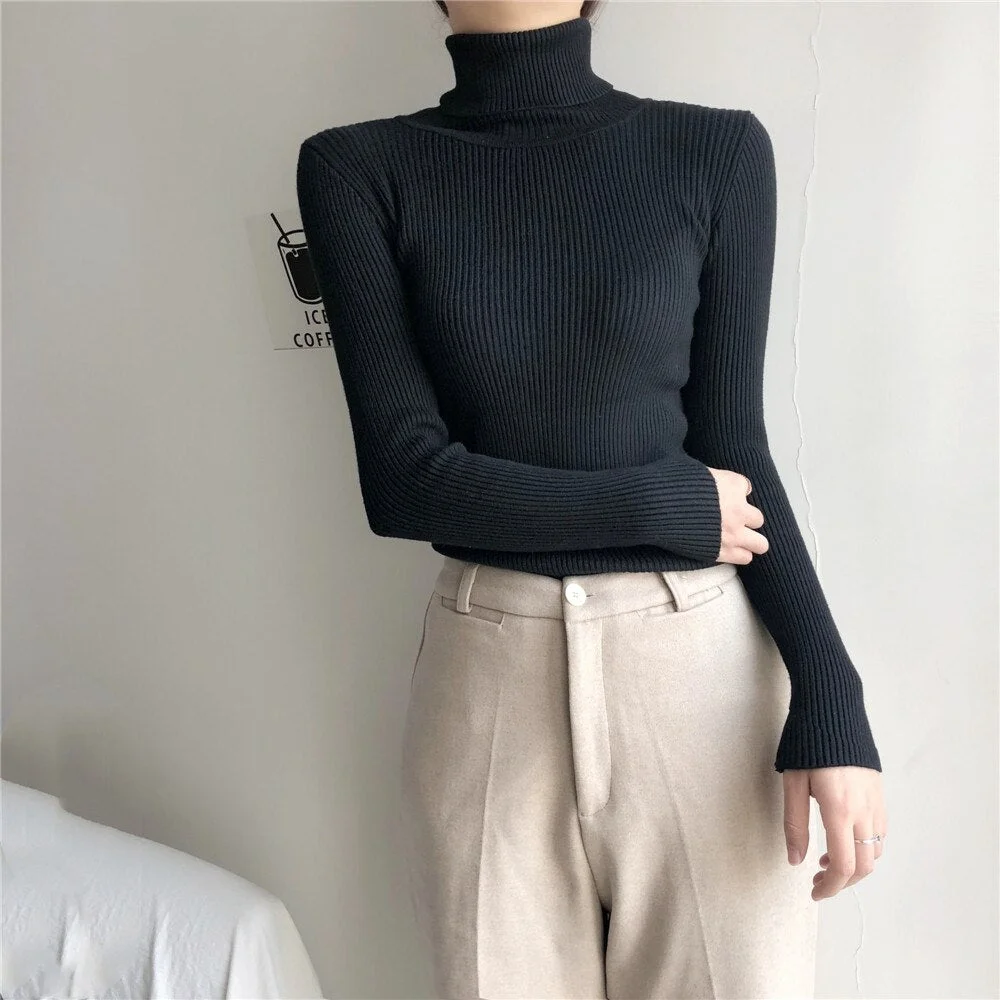 Stretch Turtleneck Sweaters Women Pullover New Clothes Women Fashion 2021 Spring Solid Knit Sweaters Korean Top Striped Shirt