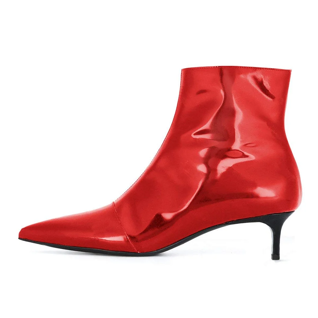 Patent Leather Pointed Toe Kitten Heel Classy Ankle Boots in Red