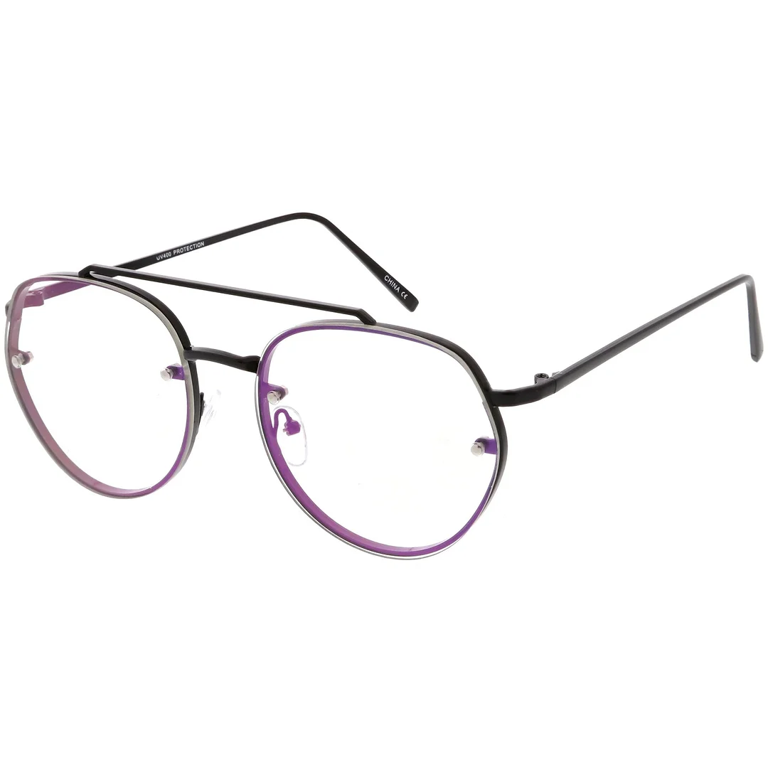 Modern Round Aviator Eyeglasses Slim Brow Bar Rimless Clear Flat Lens  59mm