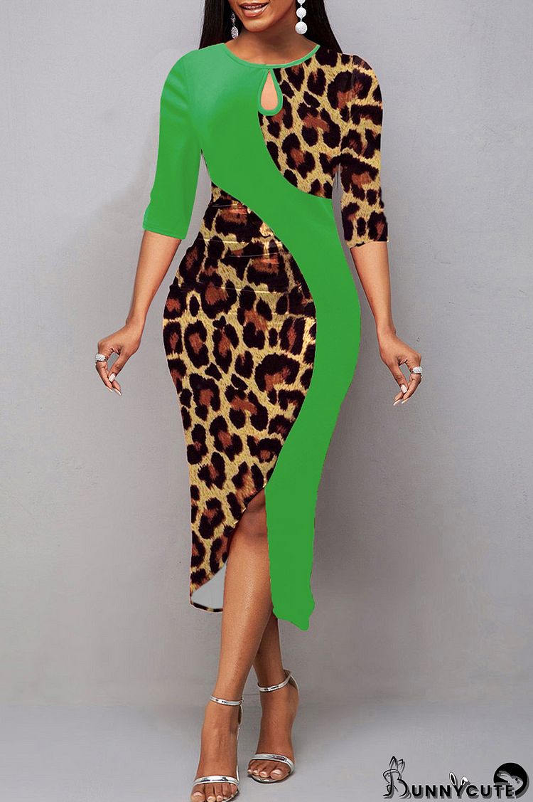 Green Elegant Leopard Hollowed Out Slit O Neck Wrapped Skirt Dresses