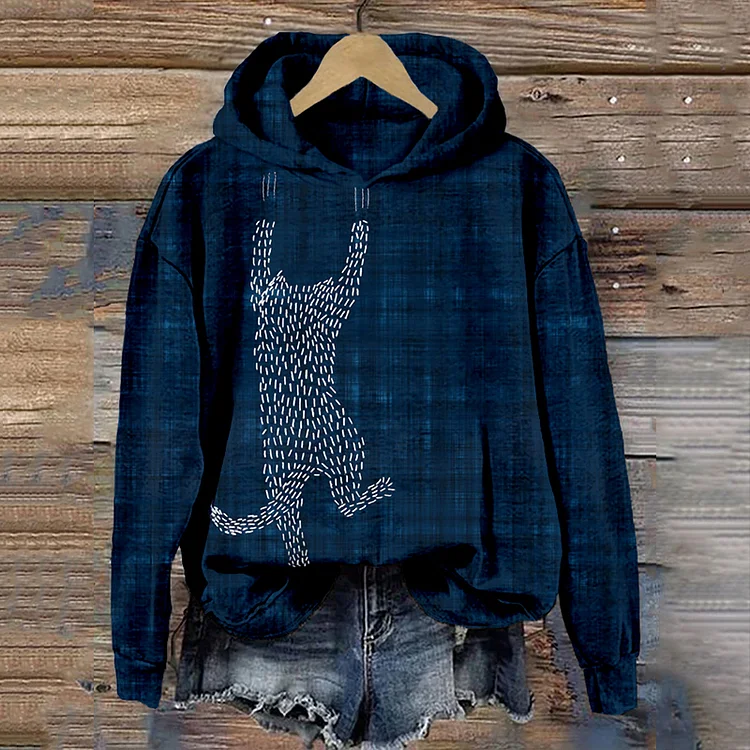 VChics Cute Sashiko Cat Japanese Art Comfy Hoodie
