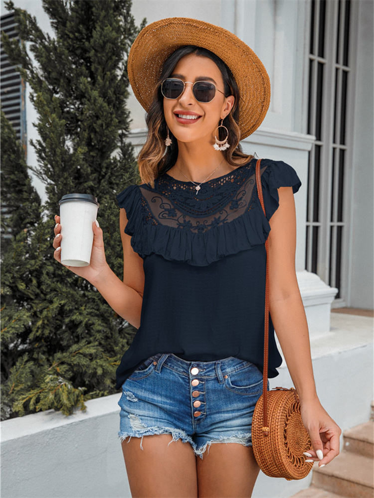 Lace Ruffles Solid Women T-shirts