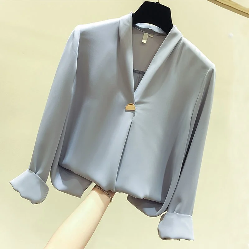 Jangj Spring Summer V-neck Sequined Decoration Chiffon Blouse Solid Color Long Sleeve Shirt Korean Office Lady Casual Clothing