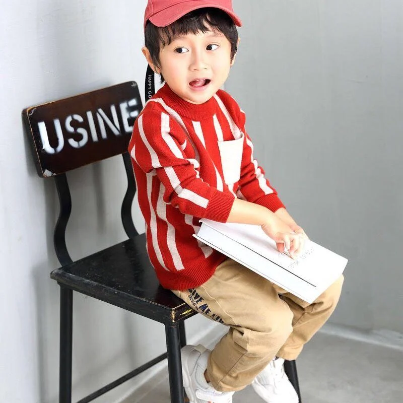 INS HOT Baby boys sweater 2-7 years old online celebrity children's sweater Chest pocket stripes boy clothes toddler sweater