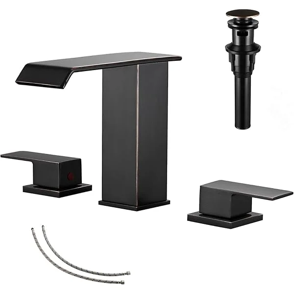 Waterfall Bathroom Faucet Matte Black Widespread 3 Holes 2 Handle Black Modern Bathroom Sink Faucet with Pop Up Drain Widespread Black