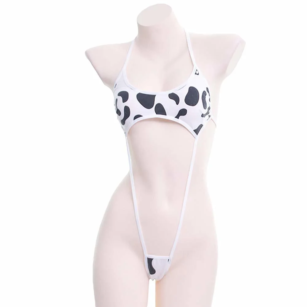 Kawaii Black White Cow Print Mini Backless One Piece Micro Bikini Jumpsuit Erotic Sex Costumes Bodysuit for Women Sexy Lingerie