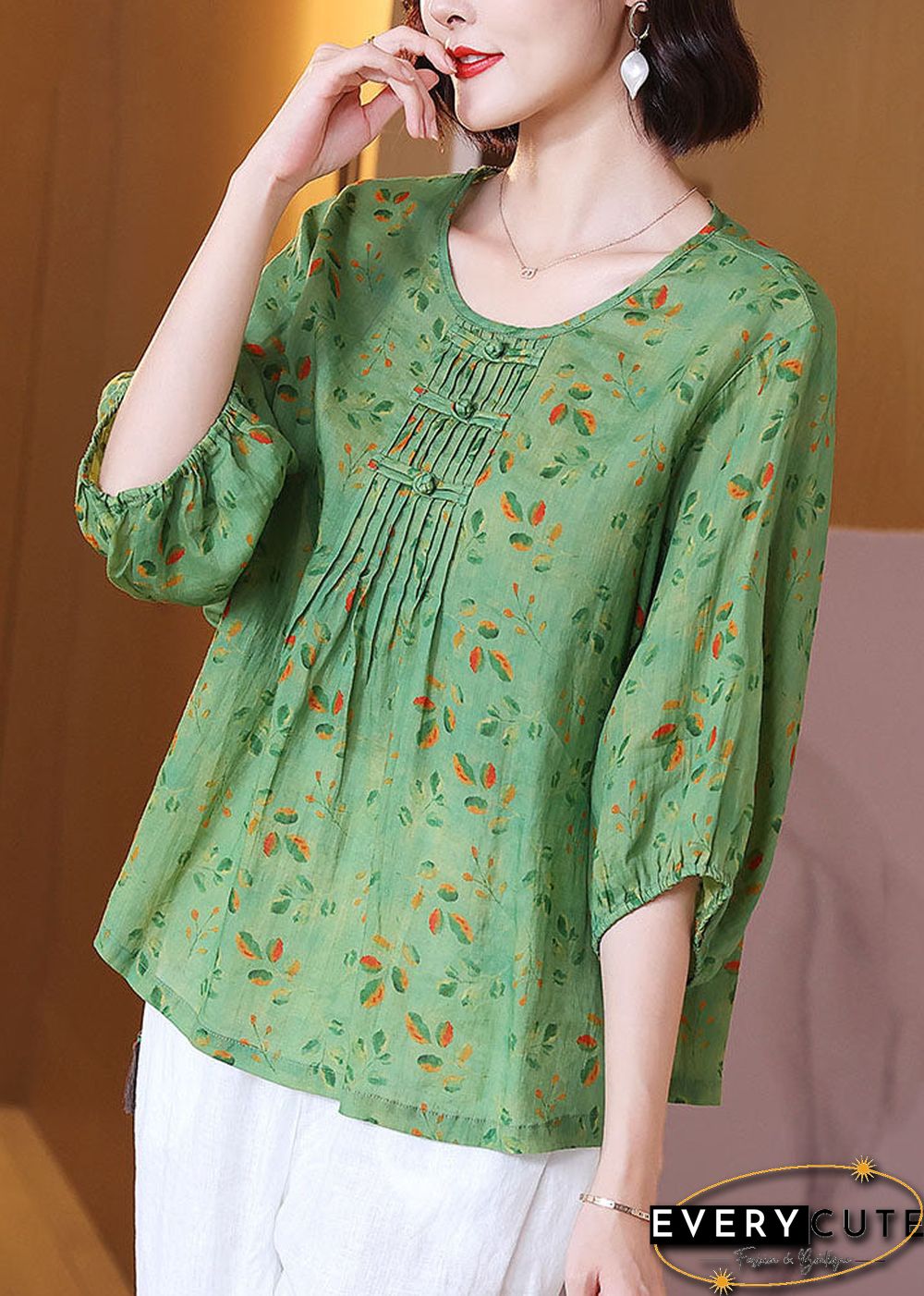 Chic Green O Neck Print Wrinkled Patchwork Linen T Shirt Tops Summer