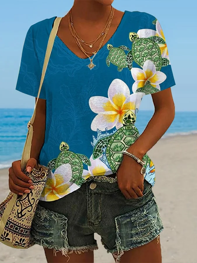 🔥Buy 3 Get 10% Off🔥Women's Hawaiian Turtle Print Casual V-Neck T-Shirt