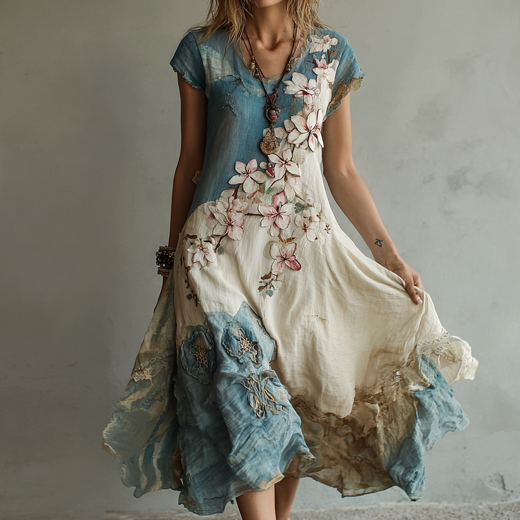 Women's Retro Japanese Sakura Gradient Art Round Neck Dress