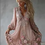 Boho Pink Roses Embroidered Lace Trim Flowy Linen Maxi Dress - Image 2