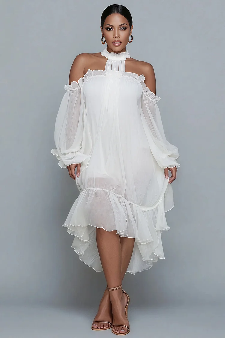 Xpluswear Design Plus Size Birthday White Halter Collar Cold Shoulder Long Sleeve Ruffle Asymmetric Hem Irregular Hem Chiffon Midi Dresses 2024 - Xpluswear