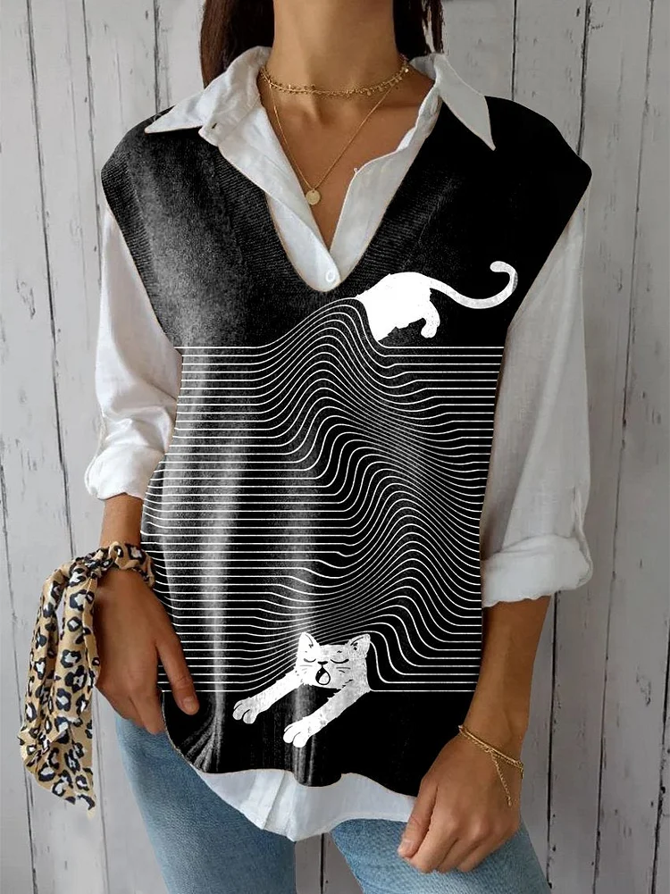 Women's Funny Cat  Art Print Versatile Knitted Vest