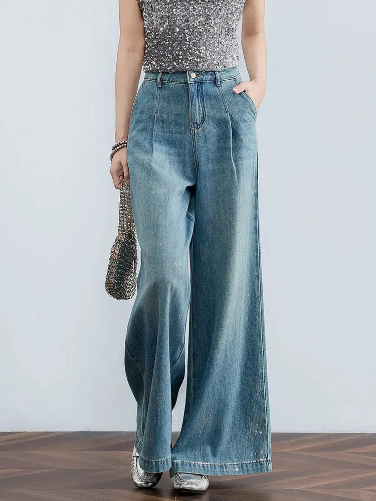 Vintage Pleated Wide-Leg Jeans