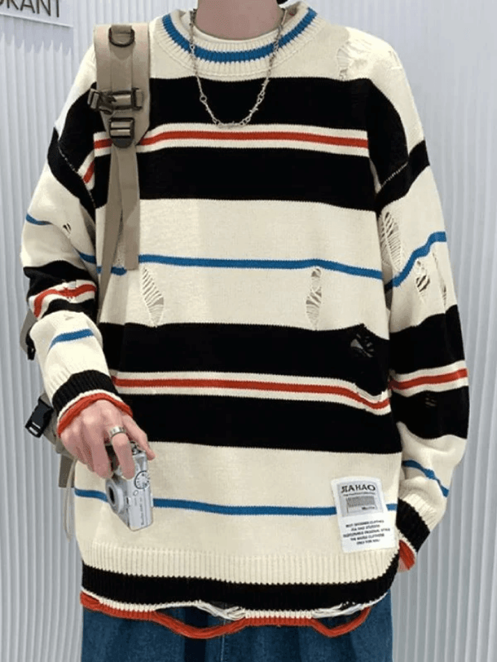 Aonga - Men's Color Block Striped Distressed Sweater