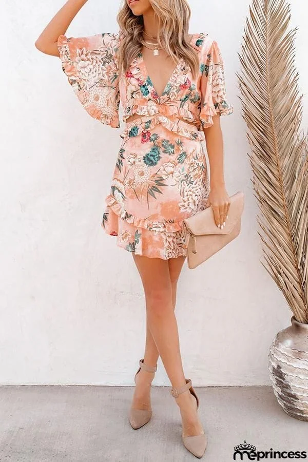 Floral Print Cutout Ruffled Chiffon Mini Dress