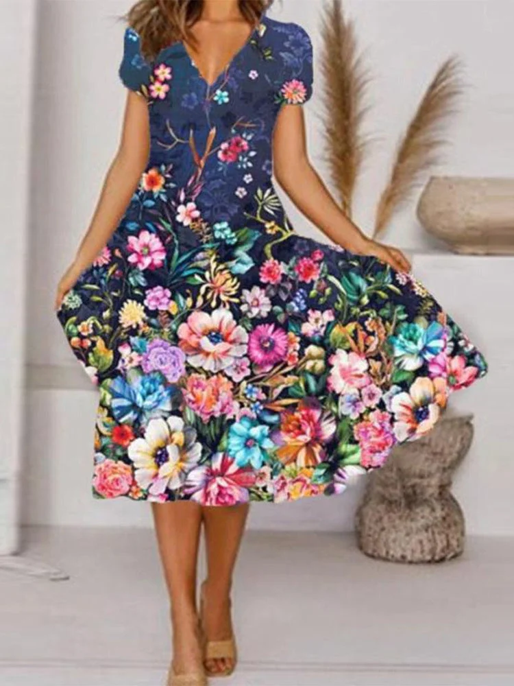Women's Short Sleeve V-neck Floral Printed Midi Dress