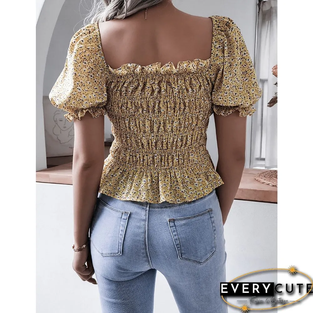 Yellow Square Neck Floral Print Chiffon Blouse