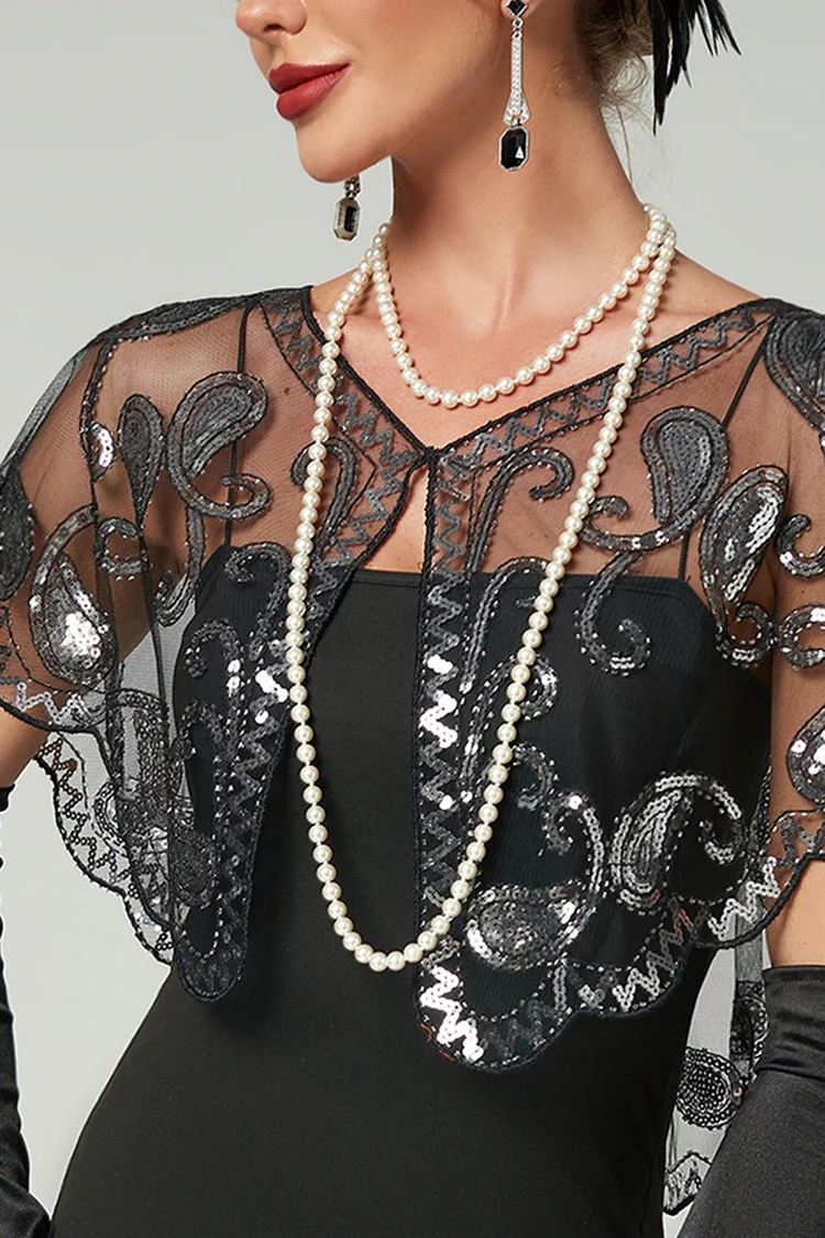 Party Black Round Neck See Through Flapper Sequin Shawl 2024 - Xpluswear
