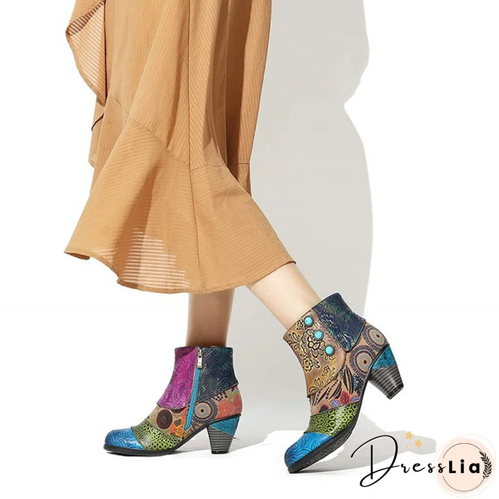 Ladies Fashion Round Toe Patent Leather High Thick Heel Stitching Casual Side Zipper Martin Boots