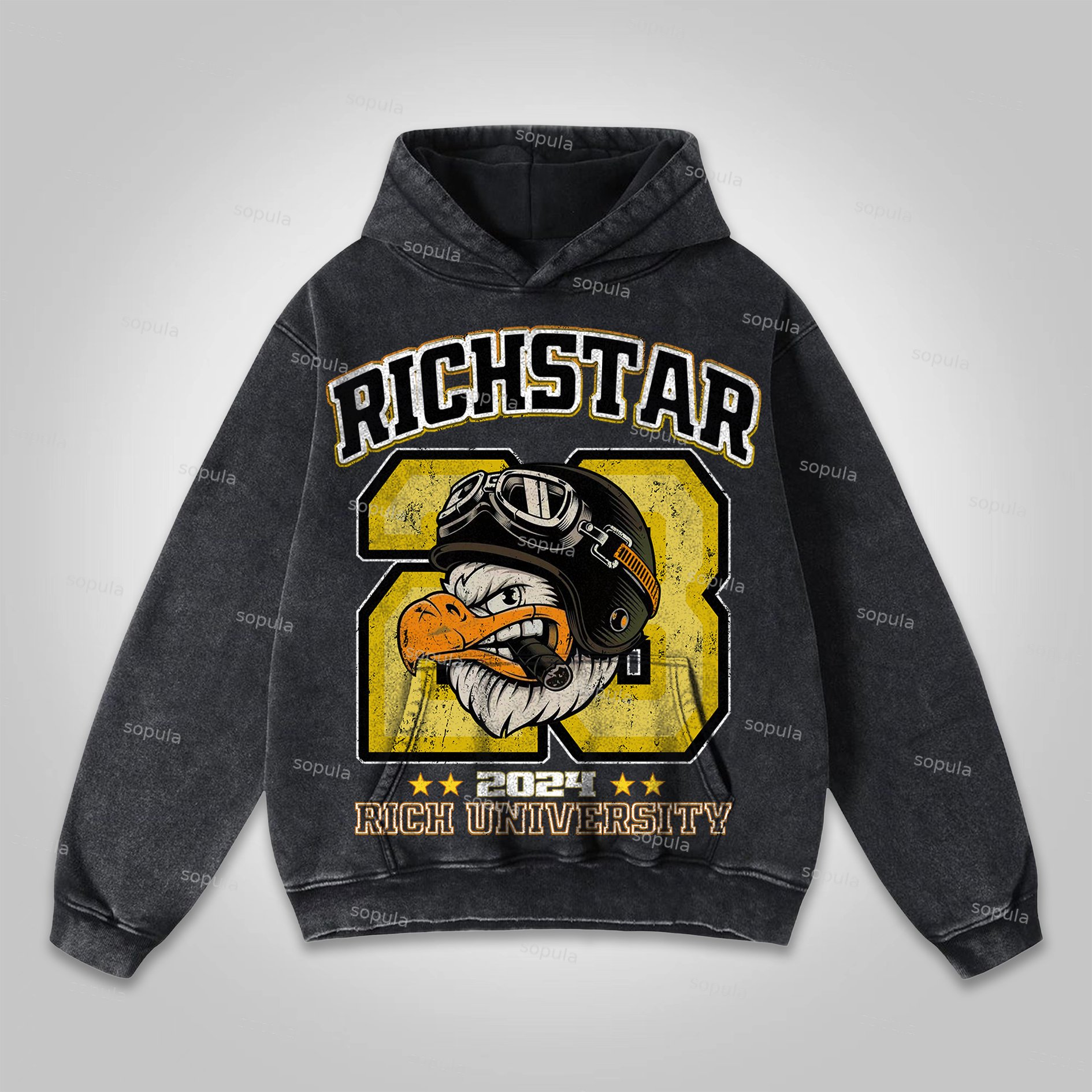 Sopula Vintage Rich Star Graphic Washed Pocket Hoodie - Sopula｜Premium Graphic Tees & Graphic Clothing