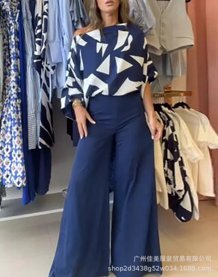 Ueong Women's Wear 2024 Summer Geometric Printed Bat Shirt INS Style Trousers Fashion Leisure Suit