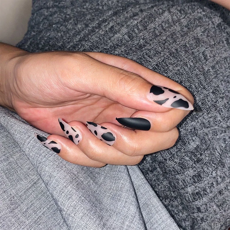 24pcs stiletto false press on nails matte Black color Leopard Wear Finished product wearable full cover acrylic nails products-Nail Inspo
